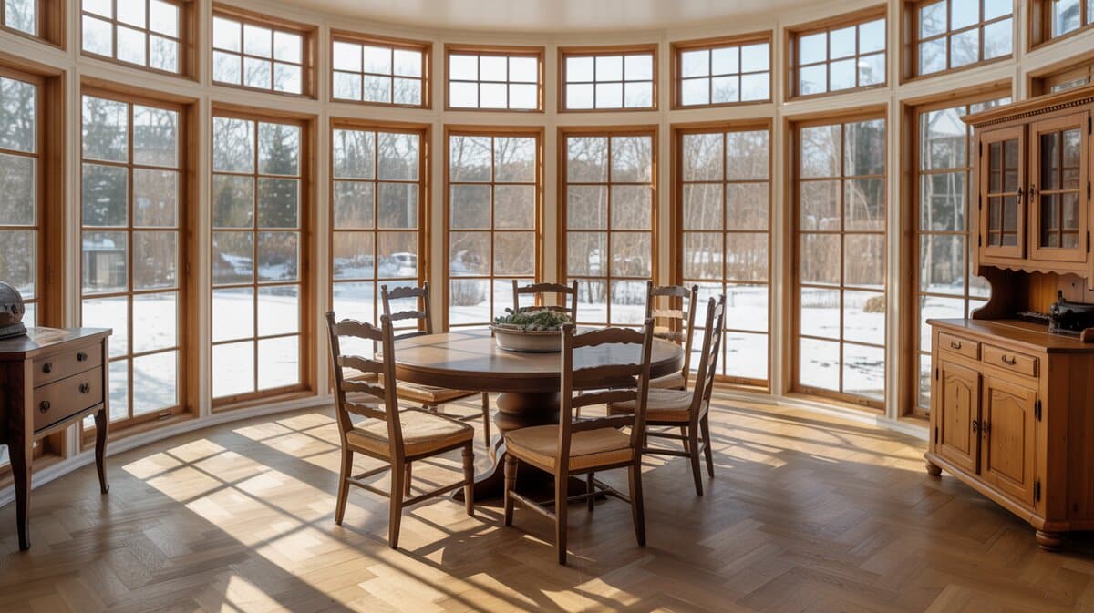 Round wood-framed sunroom with dining table on herringbone floors framing snowy yard