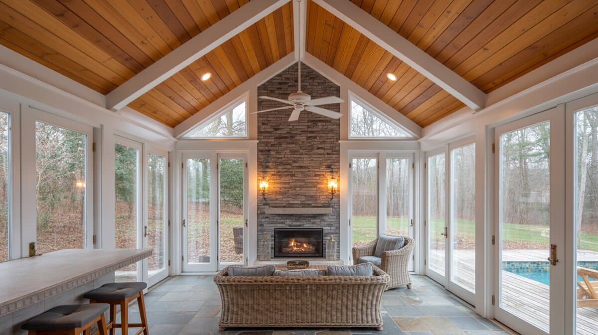 Vaulted cedar ceiling sunroom with a lit stone fireplace and slate tile floor