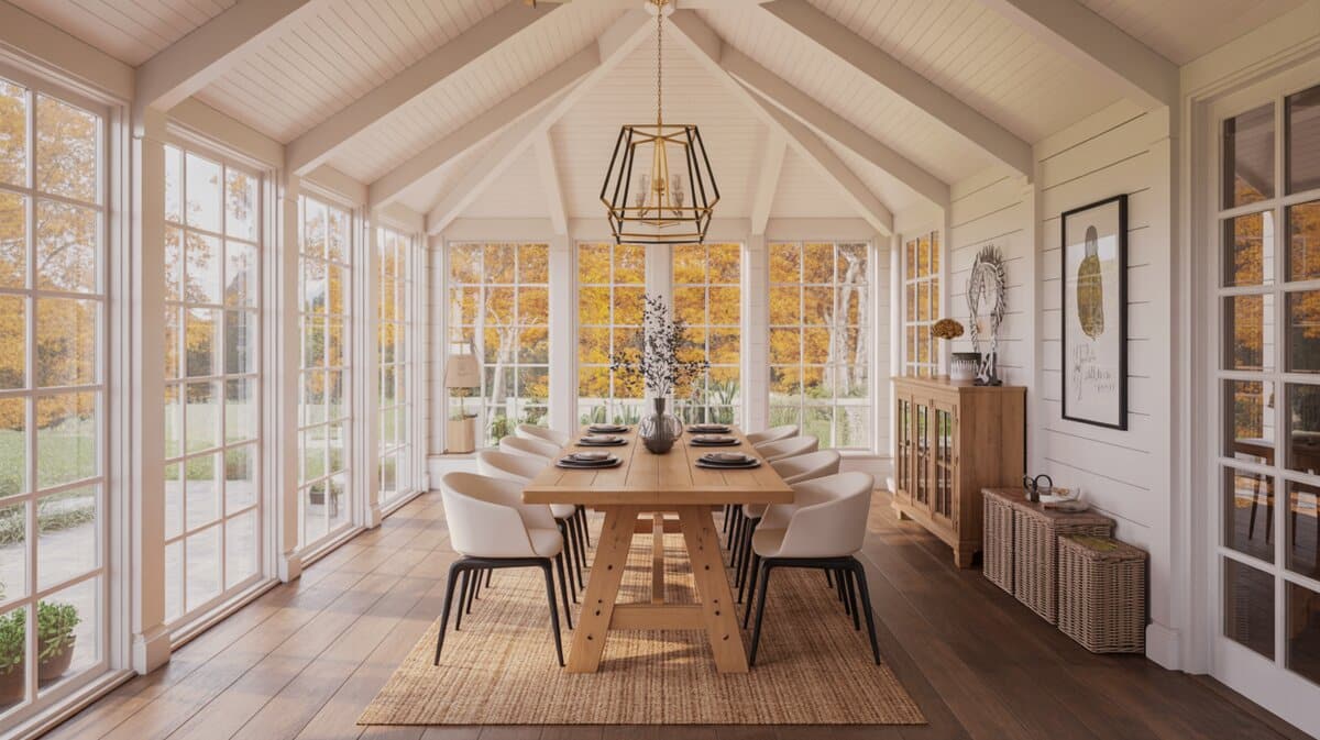 Bright vaulted sunroom dining area with long wood table, white chairs, and golden autumn trees visible through tall windows