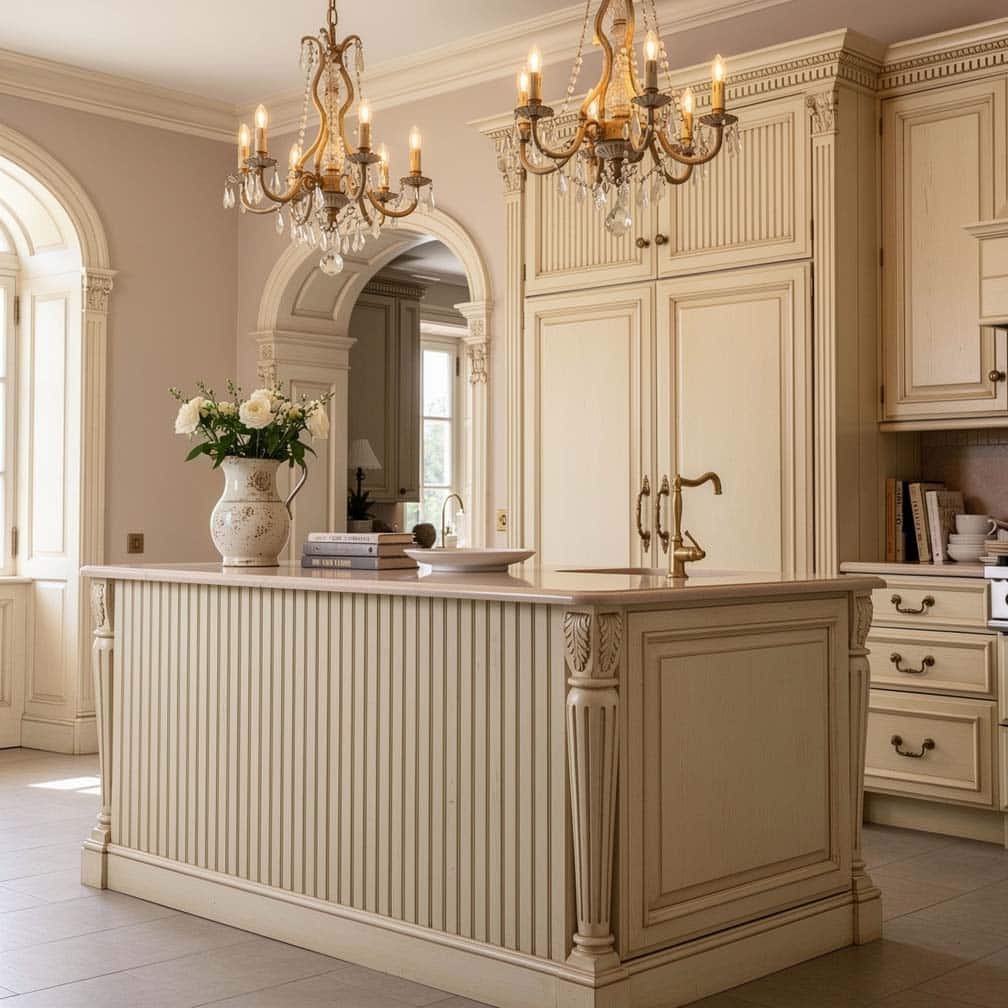 Paneled islands also complement French-style cabinets well. The narrow boards used in this example