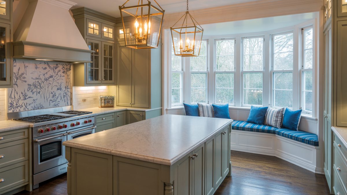 Sage green kitchen with brass lantern pendants, botanical tile backsplash, and a curved bay window bench with blue cushions