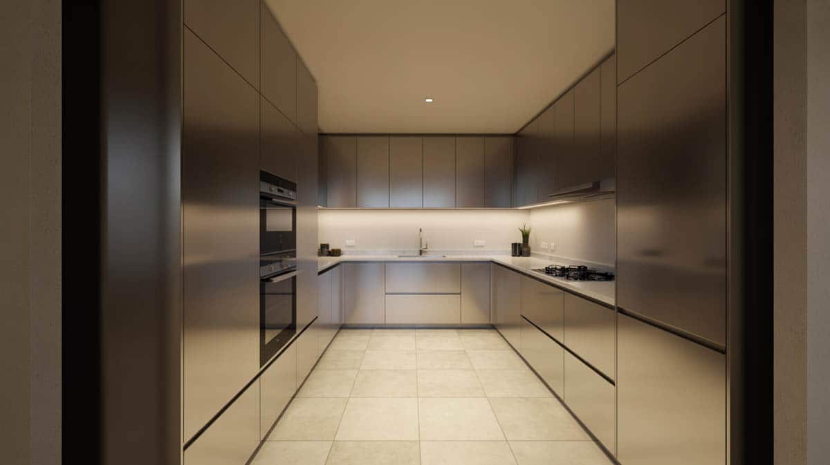 Modern galley kitchen with handleless black cabinets and white quartz countertops