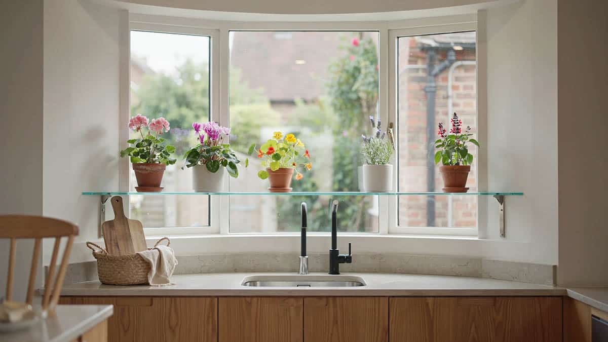 Garden window with glass shelf