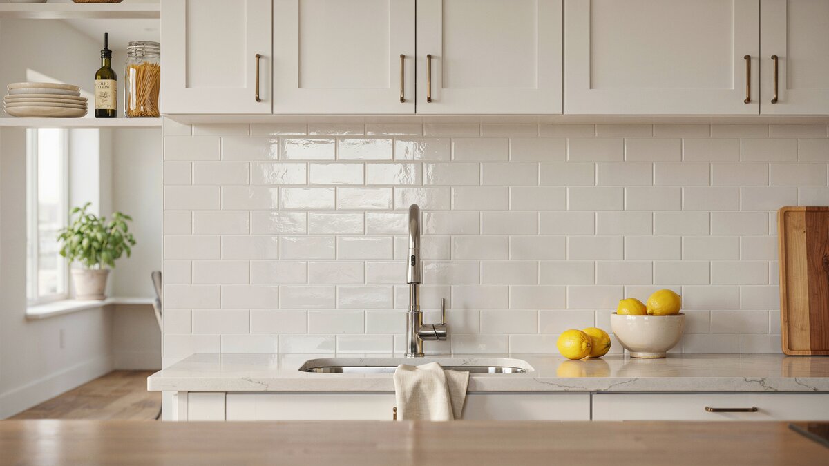 Kitchen with glossy white ceramic subway tile backsplash and light quartz counter