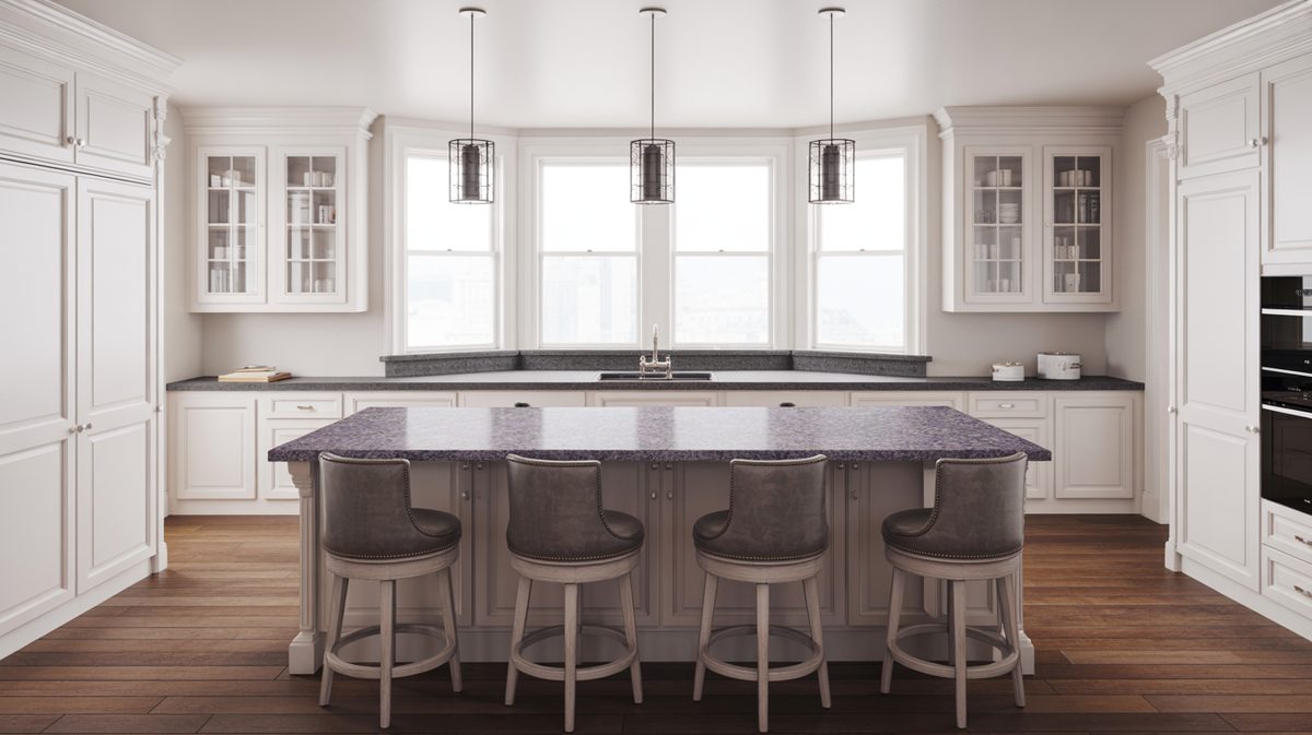 White traditional kitchen with purple granite island, gray upholstered stools, and large three-pane bay window