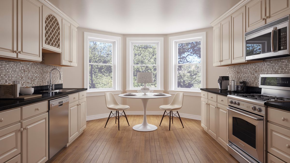 Cream kitchen with black granite countertops, mosaic backsplash, and a small tulip table dining set in the bay window