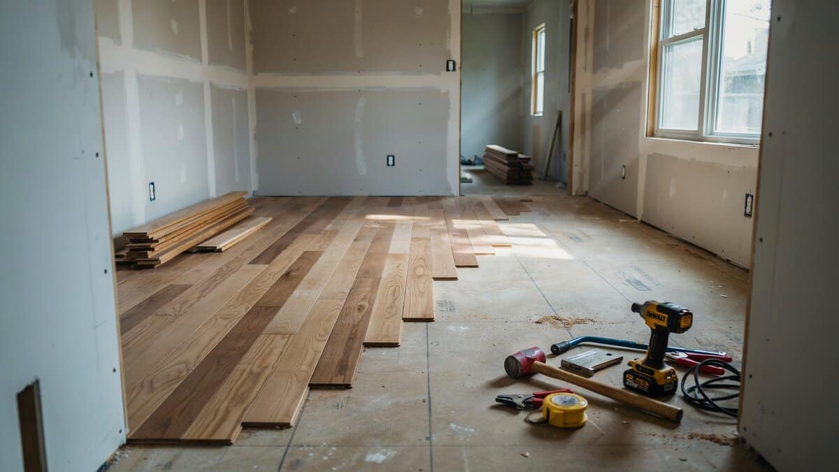 Hardwood planks partly laid over a bare subfloor with a drill and loose tools