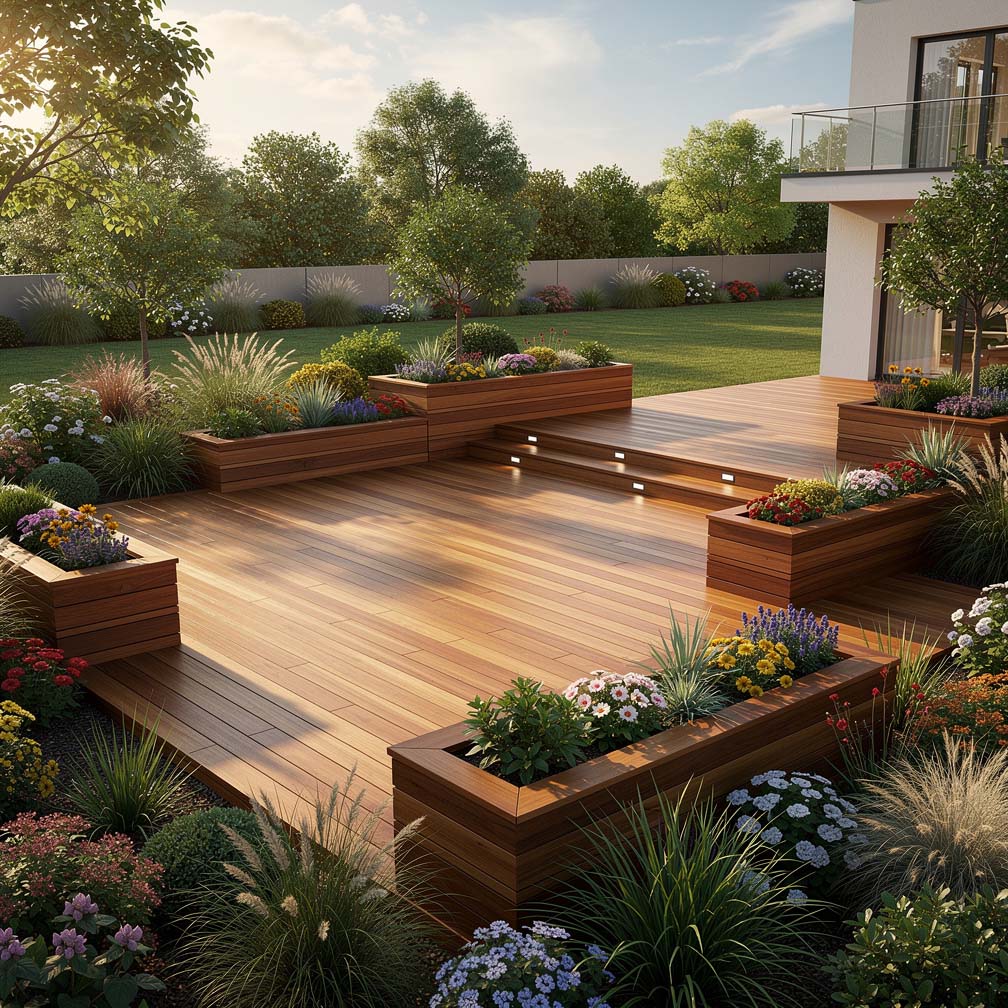 Horizontal And Vertical Design Deck With Raised Planters