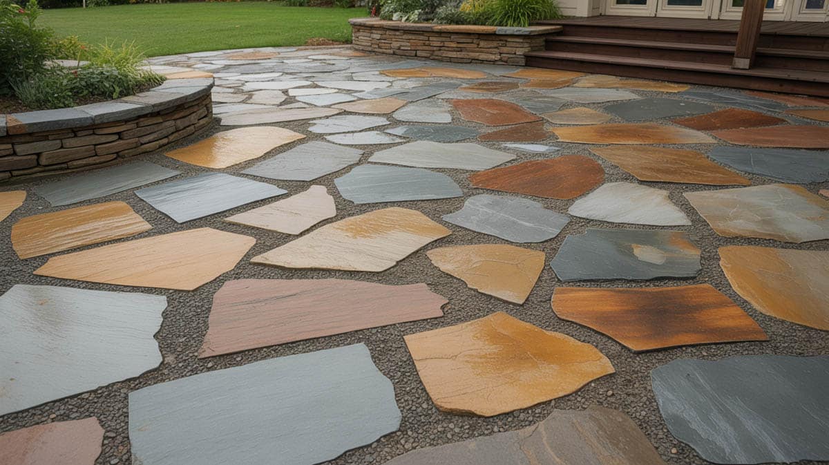 Traditional backyard patio with irregular flagstones in mixed gray tan and rust tones