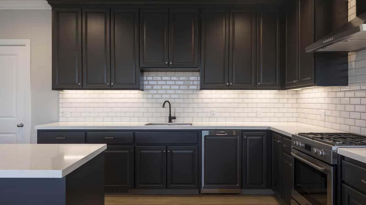 Kitchen with flat-panel black cabinets, white countertops and white subway tile backsplash
