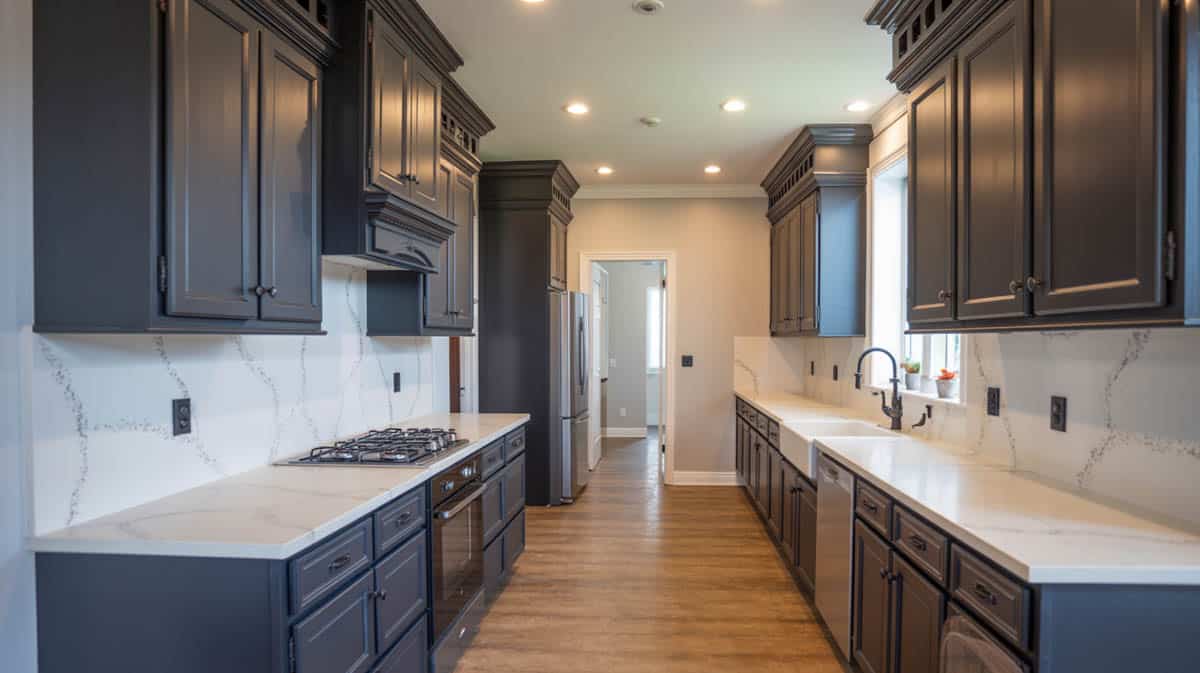 Refreshed kitchen with newly painted black cabinets and white quartz slab surfaces