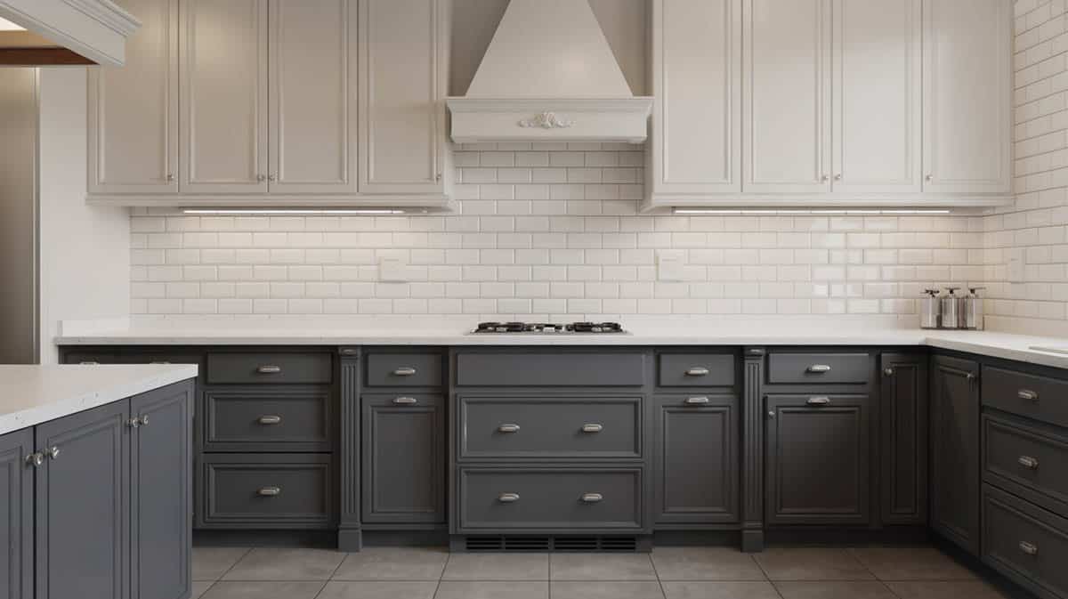 Classic two-tone kitchen with gunmetal lower cabinets and white upper cabinets