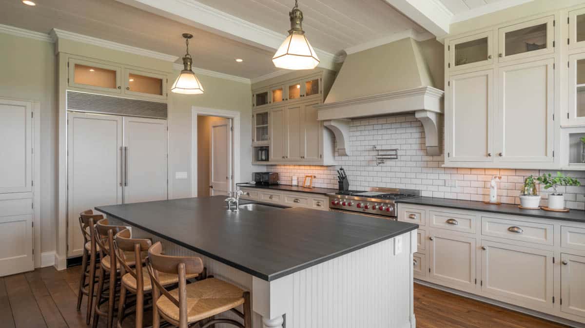 Traditional kitchen with matte black soapstone island countertop and white shiplap ceiling