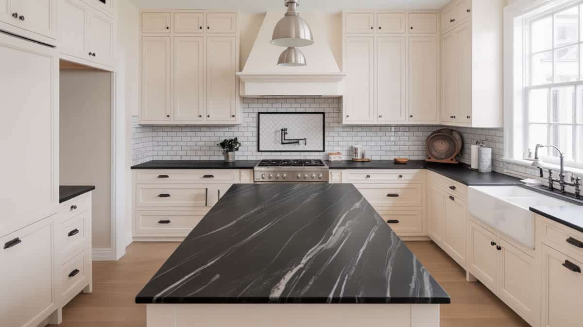 Elegant kitchen with white cabinetry and black soapstone island countertop