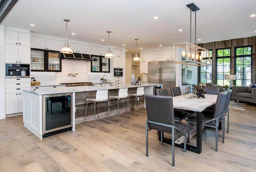 Kitchen table with contemporary lighting and decor pieces