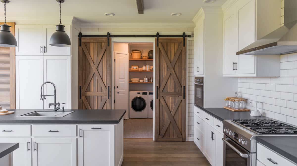 Contemporary farmhouse kitchen with white cabinets, black countertops and barn doors