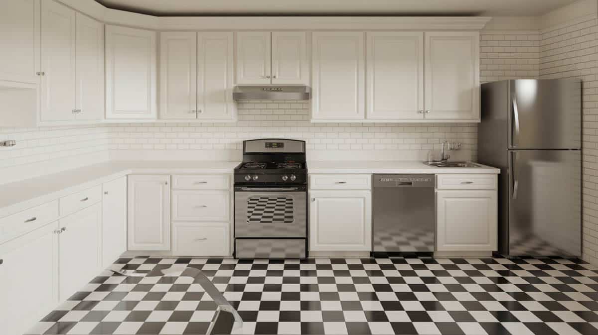Retro-inspired kitchen with white cabinets and bold black-and-white checkered floor tile