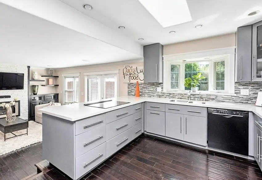 Kitchen with bay window above sink gray cabinets