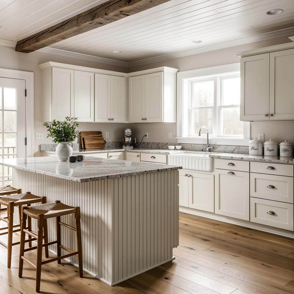 The narrow grooved board panels used in this L-shaped country kitchen design with an island give a