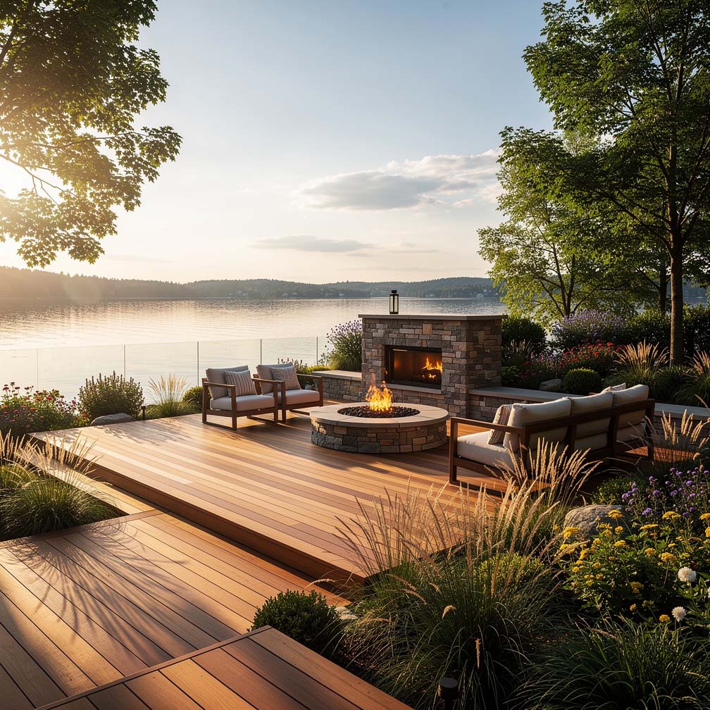 Lake View Deck With Outdoor Stone Fireplace