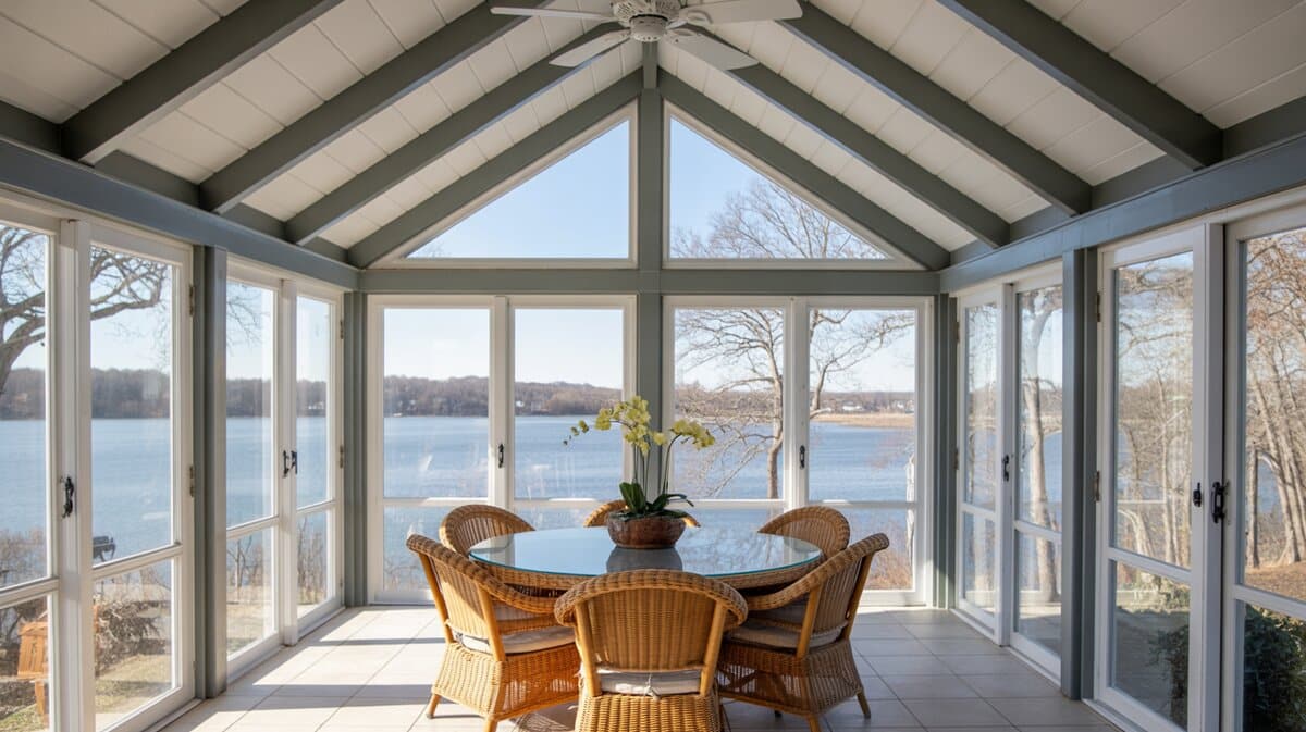 Cathedral ceiling sunroom with wicker dining set overlooking a calm winter lake