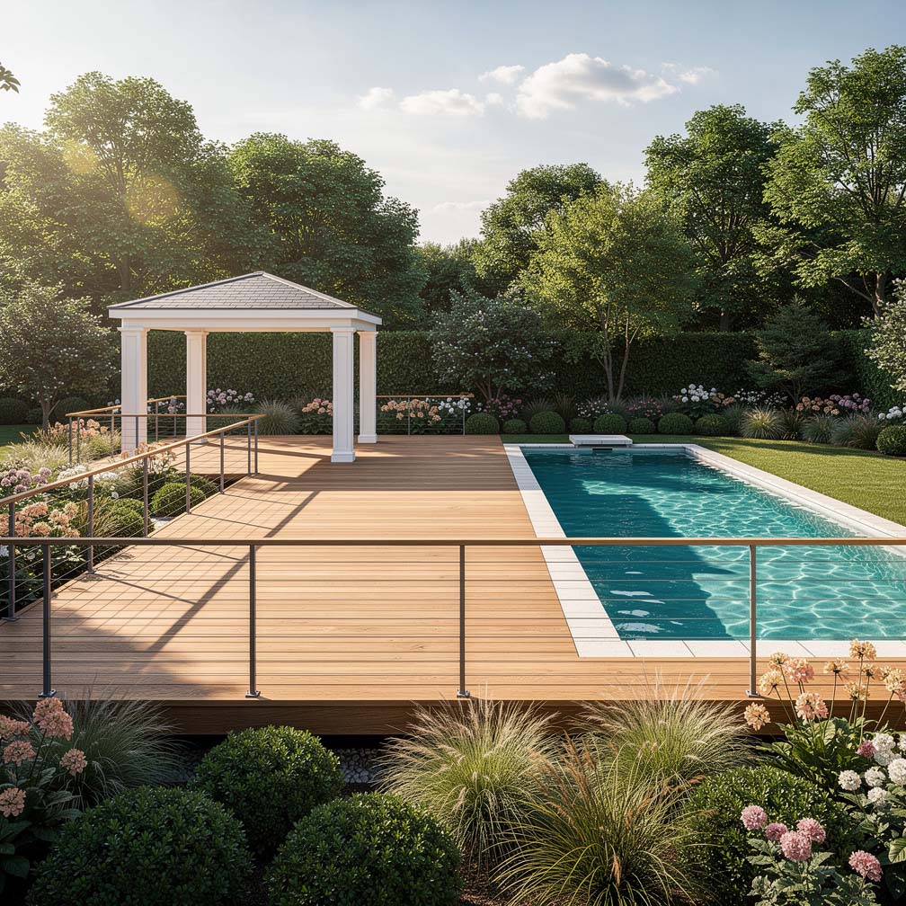 Large Elevated Wood Deck Design With Swimming Pool And Gazebo