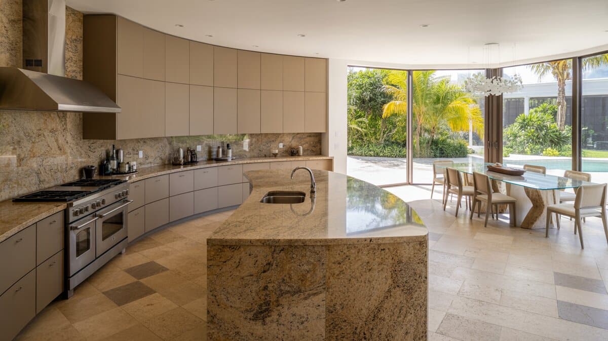 Large curved taupe kitchen with gold granite waterfall island and tropical garden view beyond