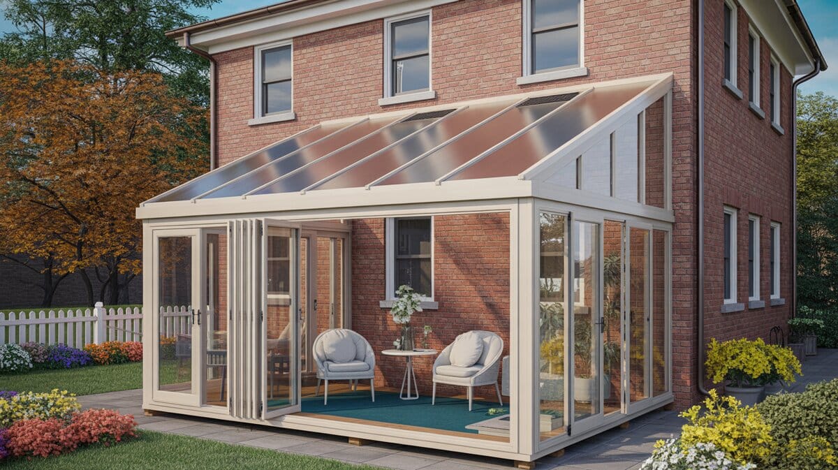 White aluminum lean-to sunroom kit attached to a two-story red brick colonial home with open bifold doors