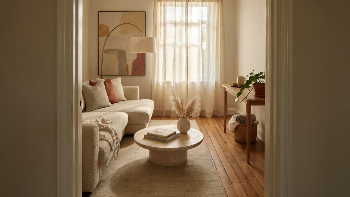 Narrow plank pine flooring in a cream living room seen through an open doorway