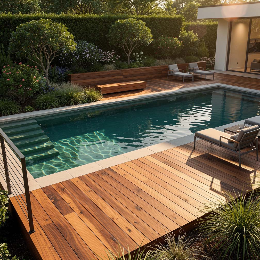 Luxury Backyard With Wood Deck Next To Swimming Pool