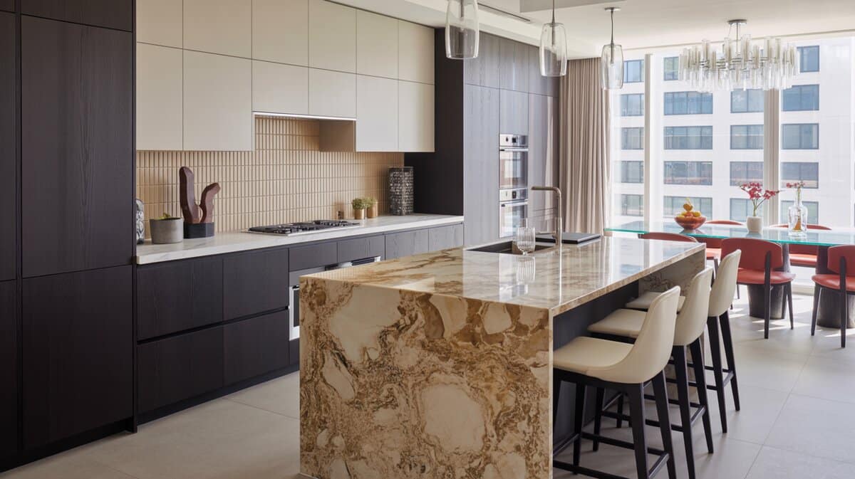 Dark espresso and cream kitchen with bold gold-veined marble waterfall island and city view