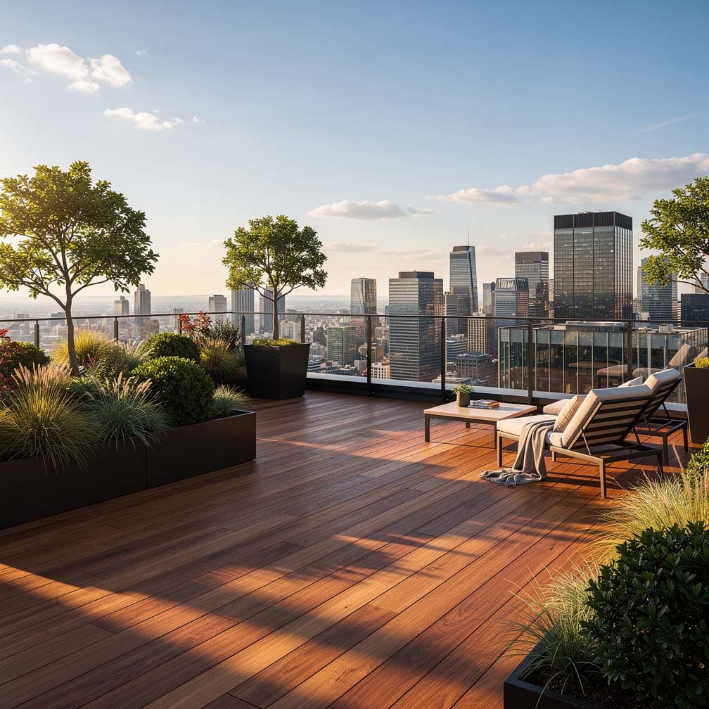 Luxury Deck With Modern Chairs Glass Railings And City Views