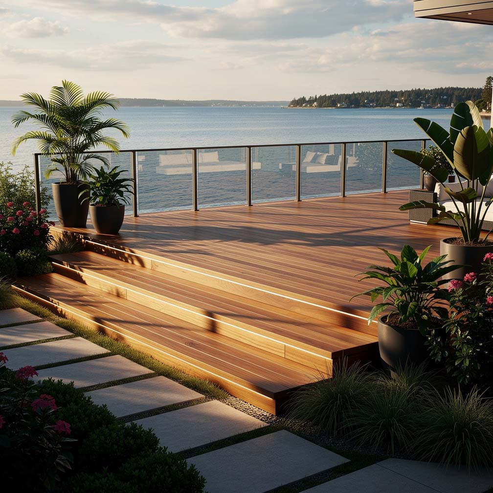 Luxury Deck With White Outdoor Furniture And Waterfront Views