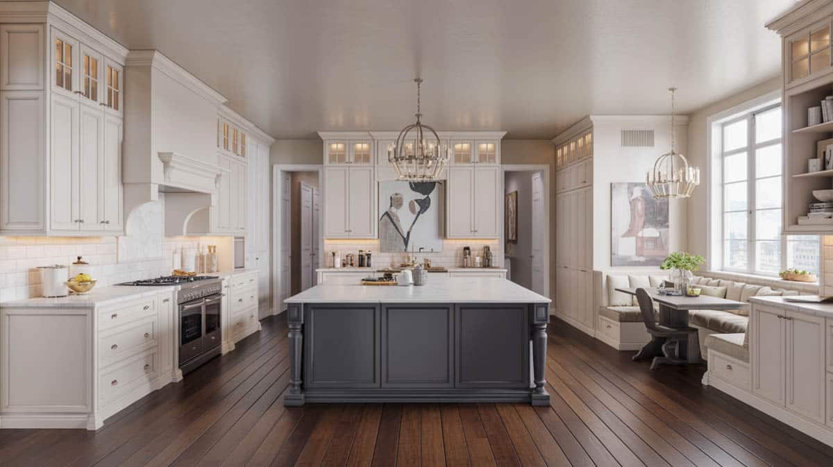 Luxury kitchen with white shaker cabinets, black island and dark wood flooring