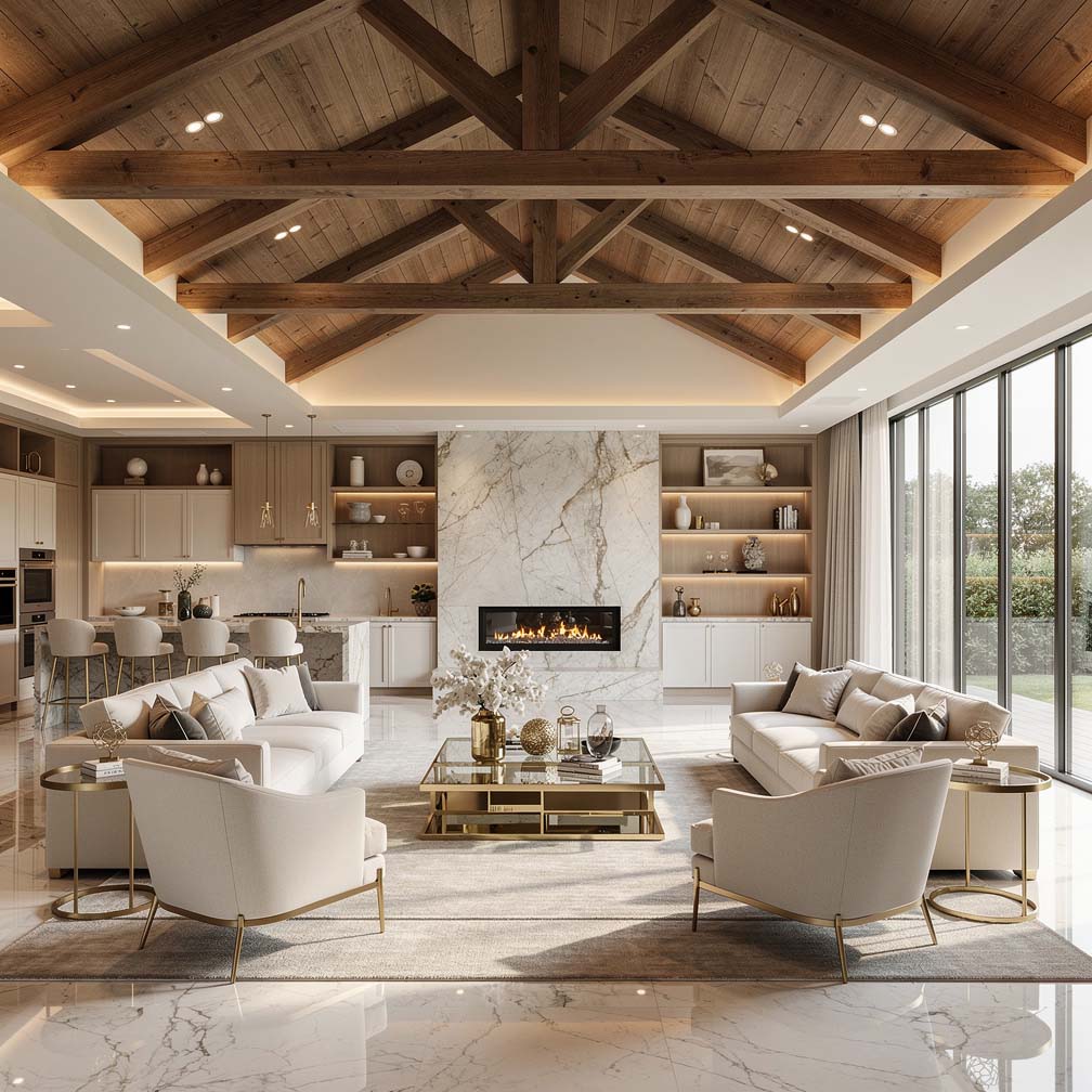 luxurious wood beam vaulted ceiling makes a grand impression in this luxury living room design. Inside the adjoining