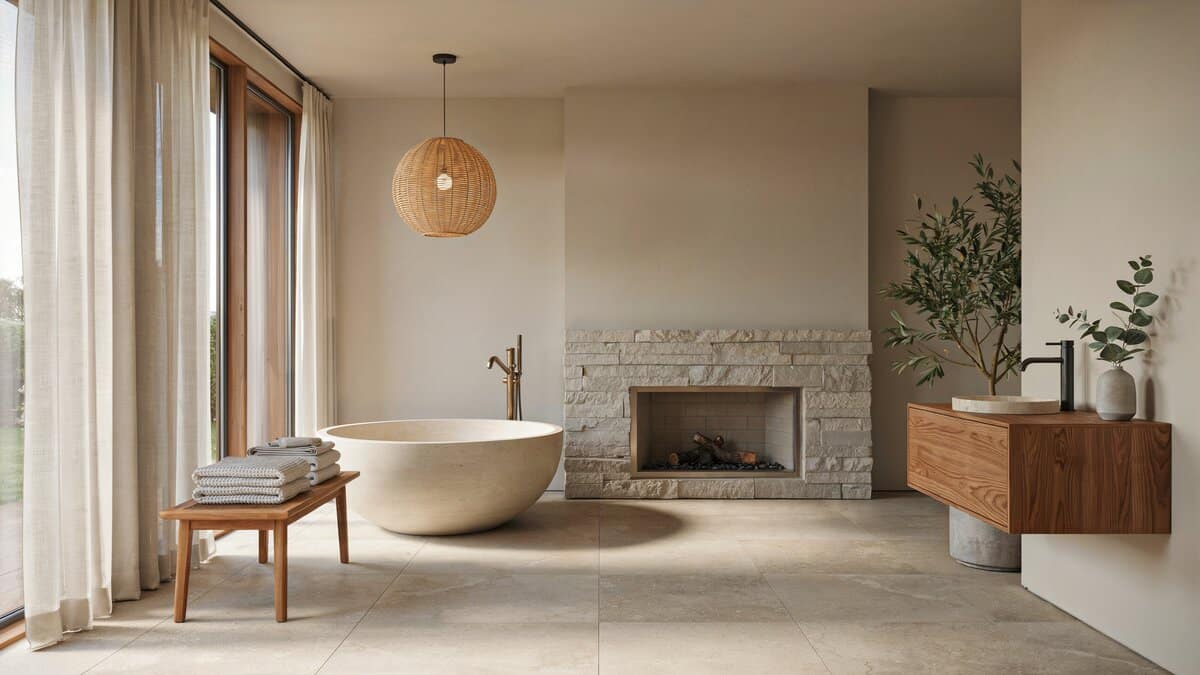 Luxury master bathroom with porcelain tile floor, freestanding stone tub and globe chandelier