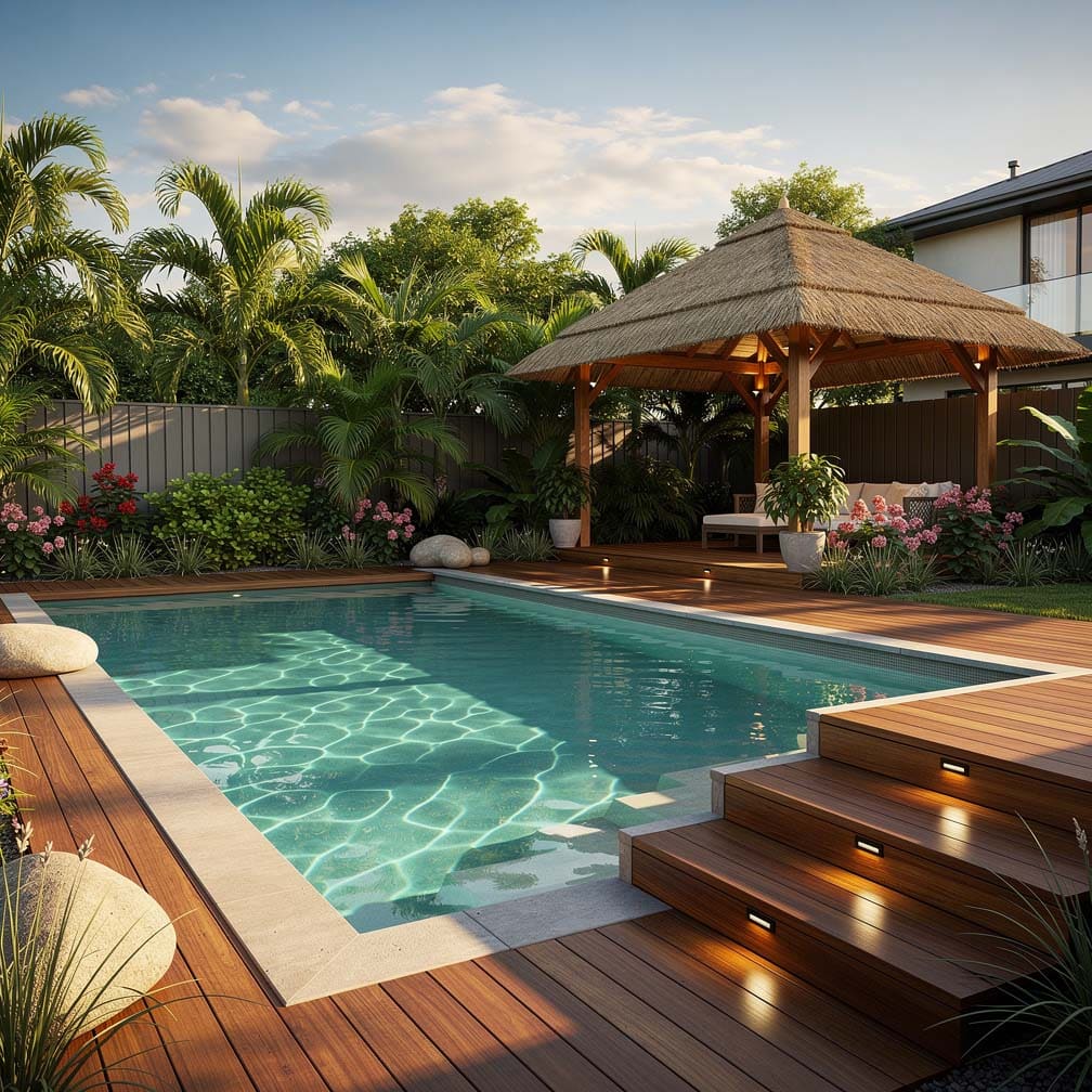 Luxury Wood Deck Island Over Pool With Cabana