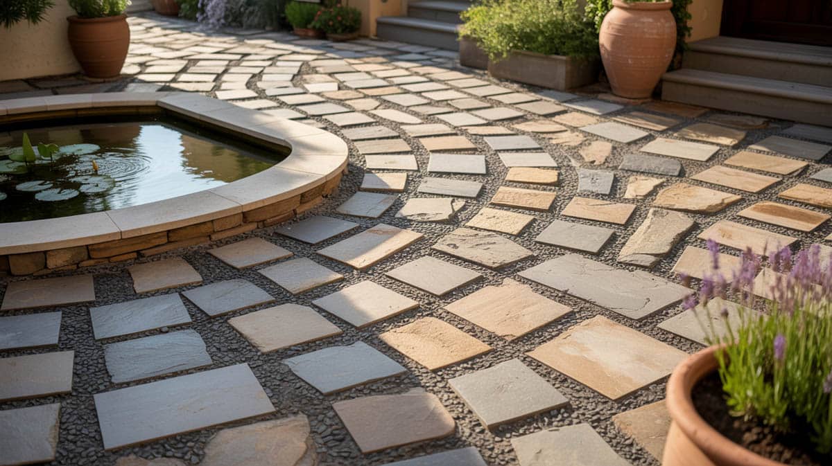 Mediterranean paver and pebble courtyard with a small reflective pond and terracotta pots