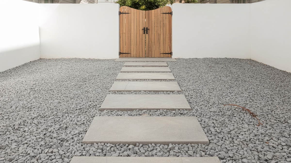 Minimalist paver and pea gravel terrace with large concrete stepping stones and a wooden gate