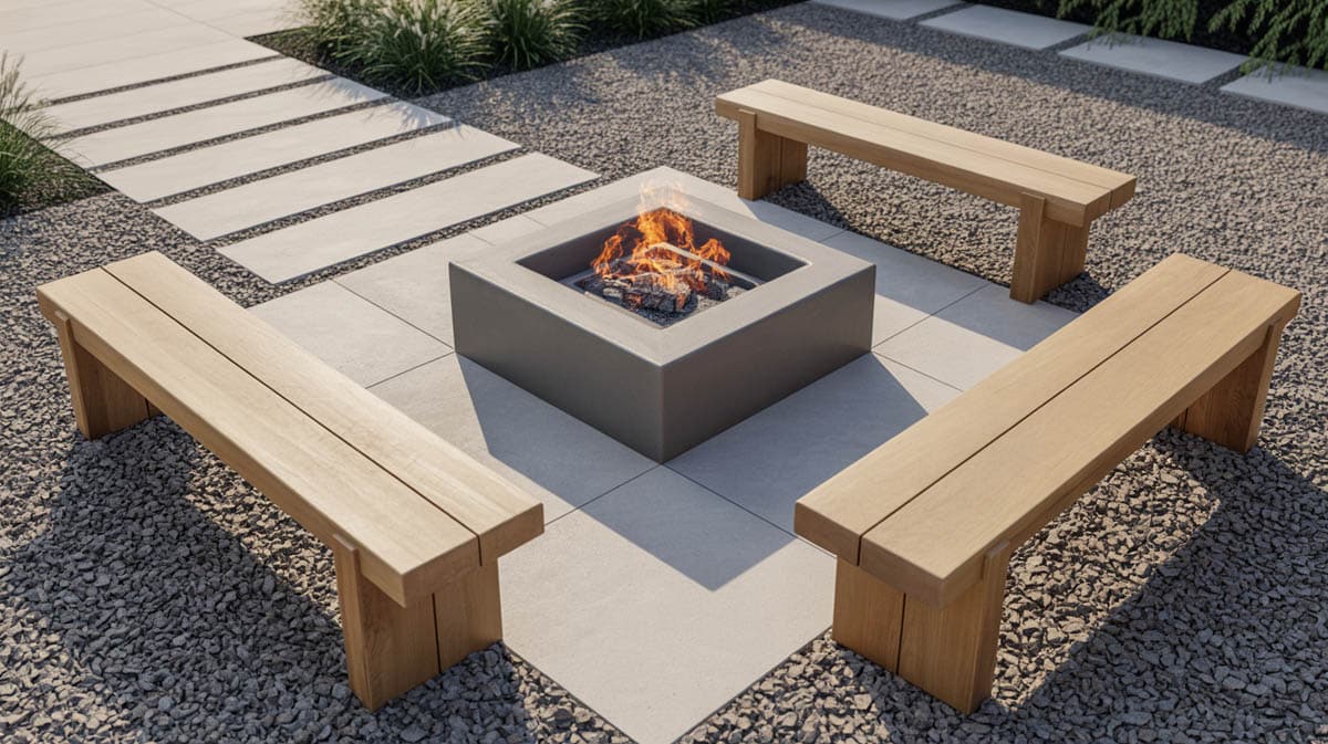 Minimalist outdoor patio with a square concrete fire pit and wide natural wood bench seating