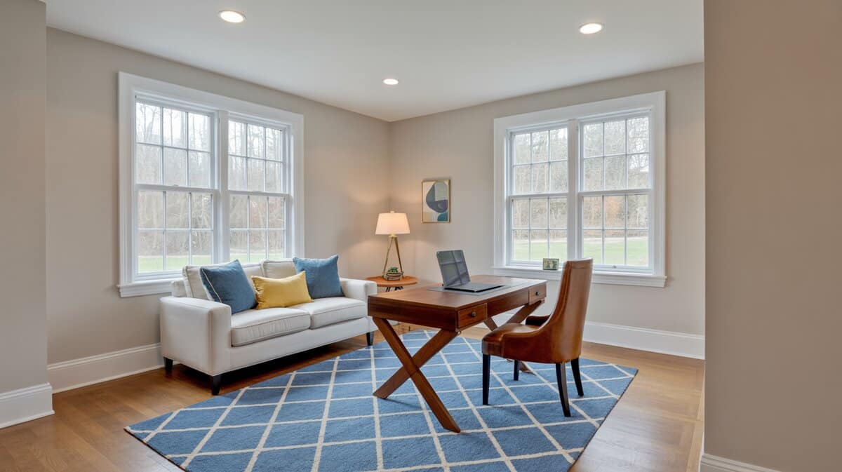Clean greige home office with a wood trestle desk on a blue diamond-patterned rug