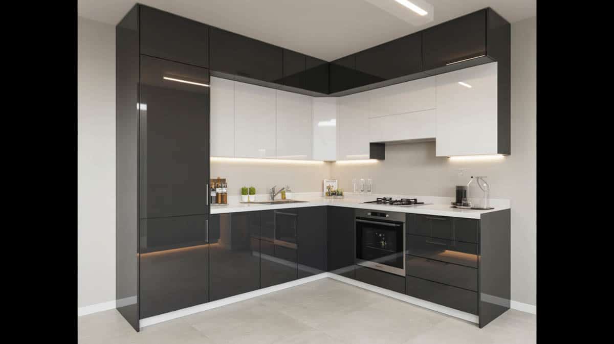 Compact corner kitchen with glossy black base cabinets and white upper cabinets