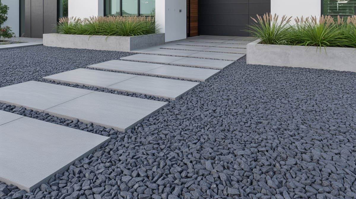 Modern home exterior with dark slate-gray crushed aggregate and large rectangular concrete pavers