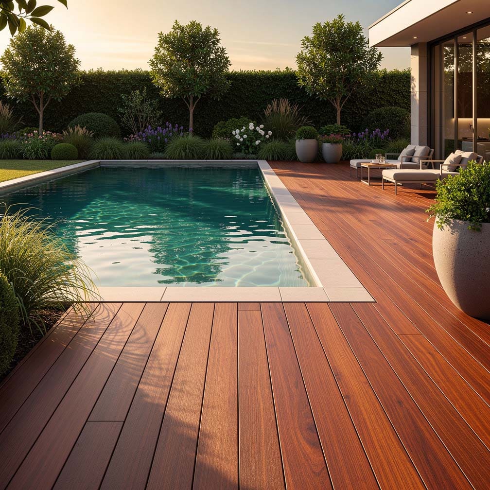 Modern Ipe Deck Around Swimming Pool With Wood Outdoor Furniture