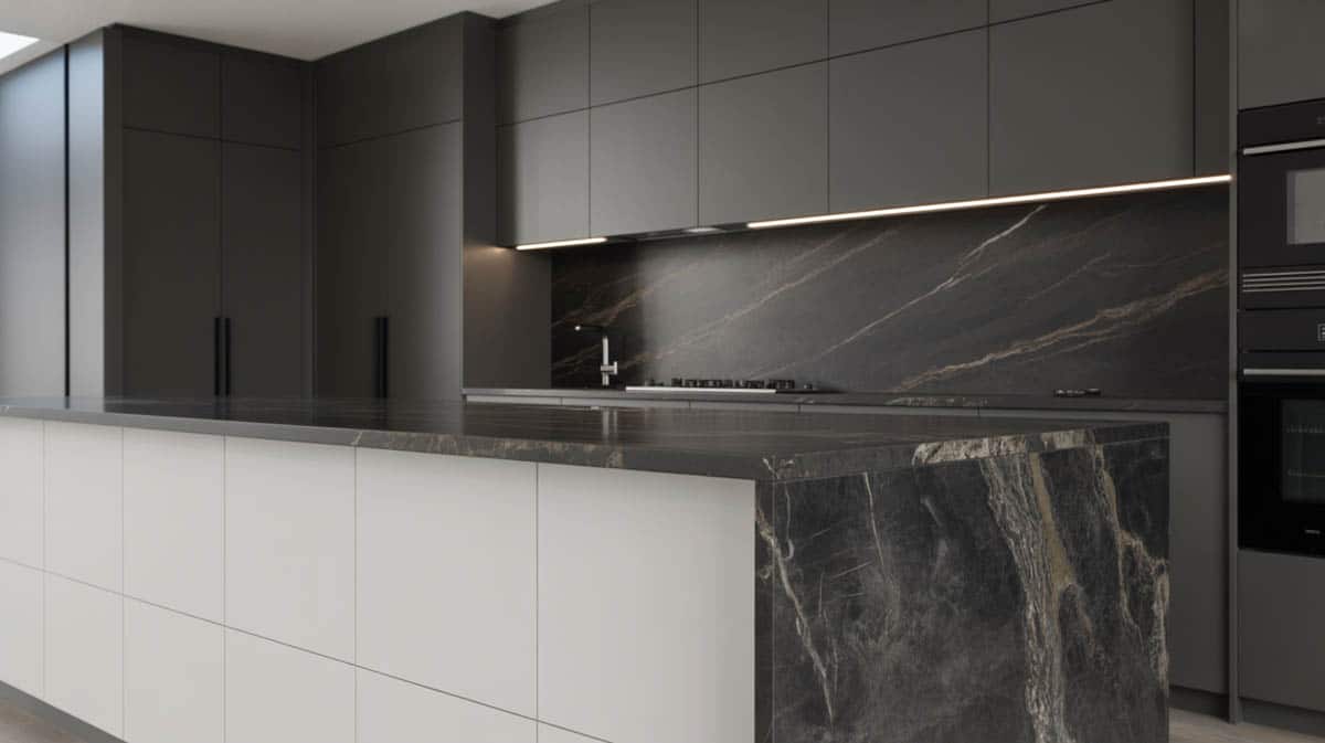 Sleek kitchen with matte black cabinets, white waterfall quartz island and marble backsplash