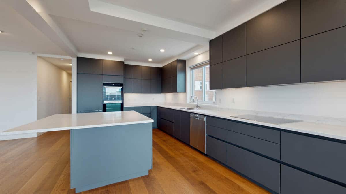 Modern black-cabinet kitchen with white quartz counters and warm hardwood flooring