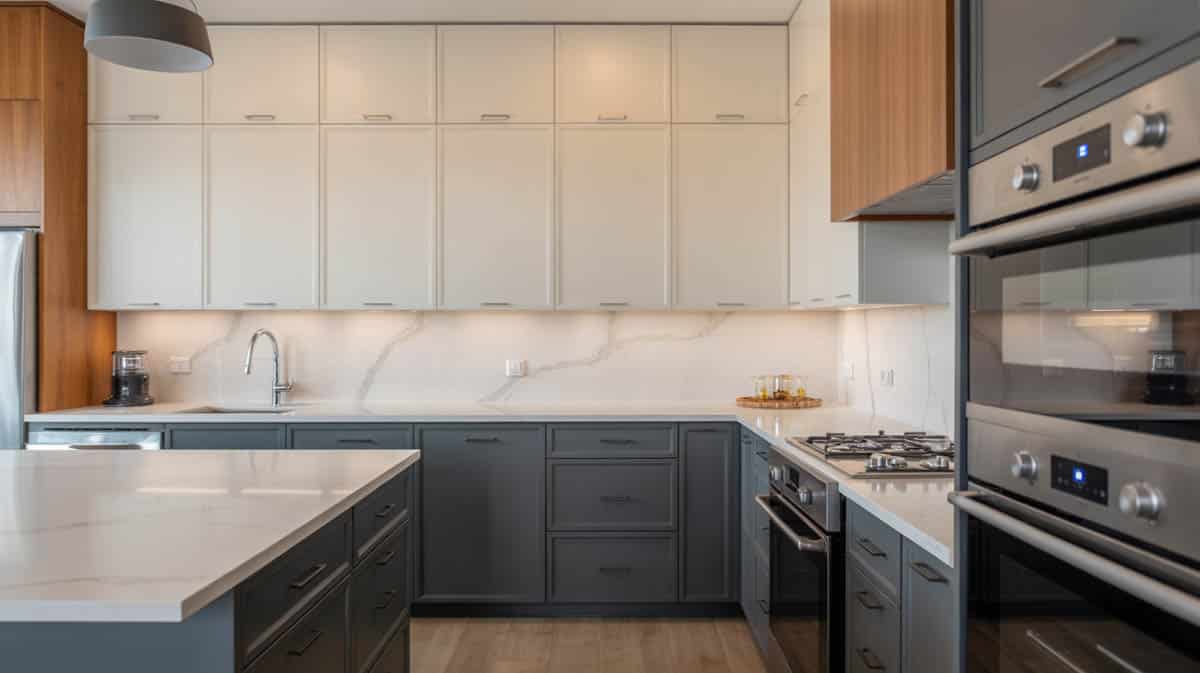 Handleless kitchen with white upper and black lower cabinets with quartz backsplash