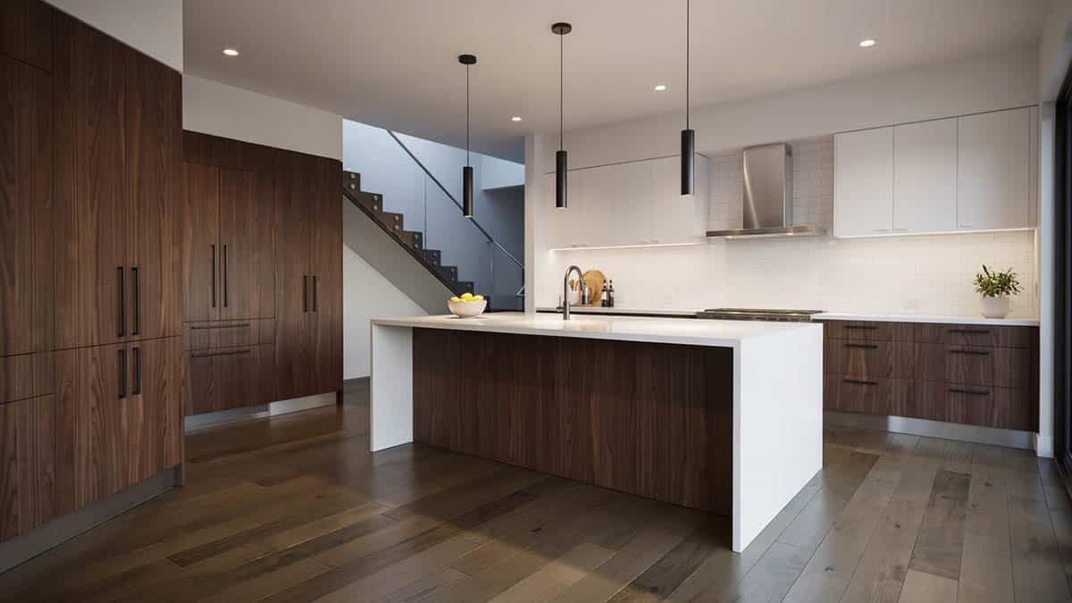 Modern design kitchen with linear pendants and double-sided waterfall counter island