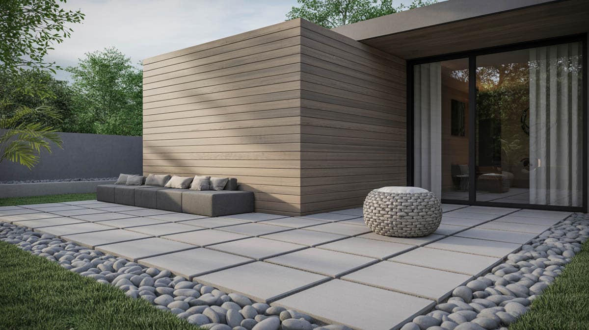 Modern patio with oversized square concrete pavers surrounded by smooth large river rocks