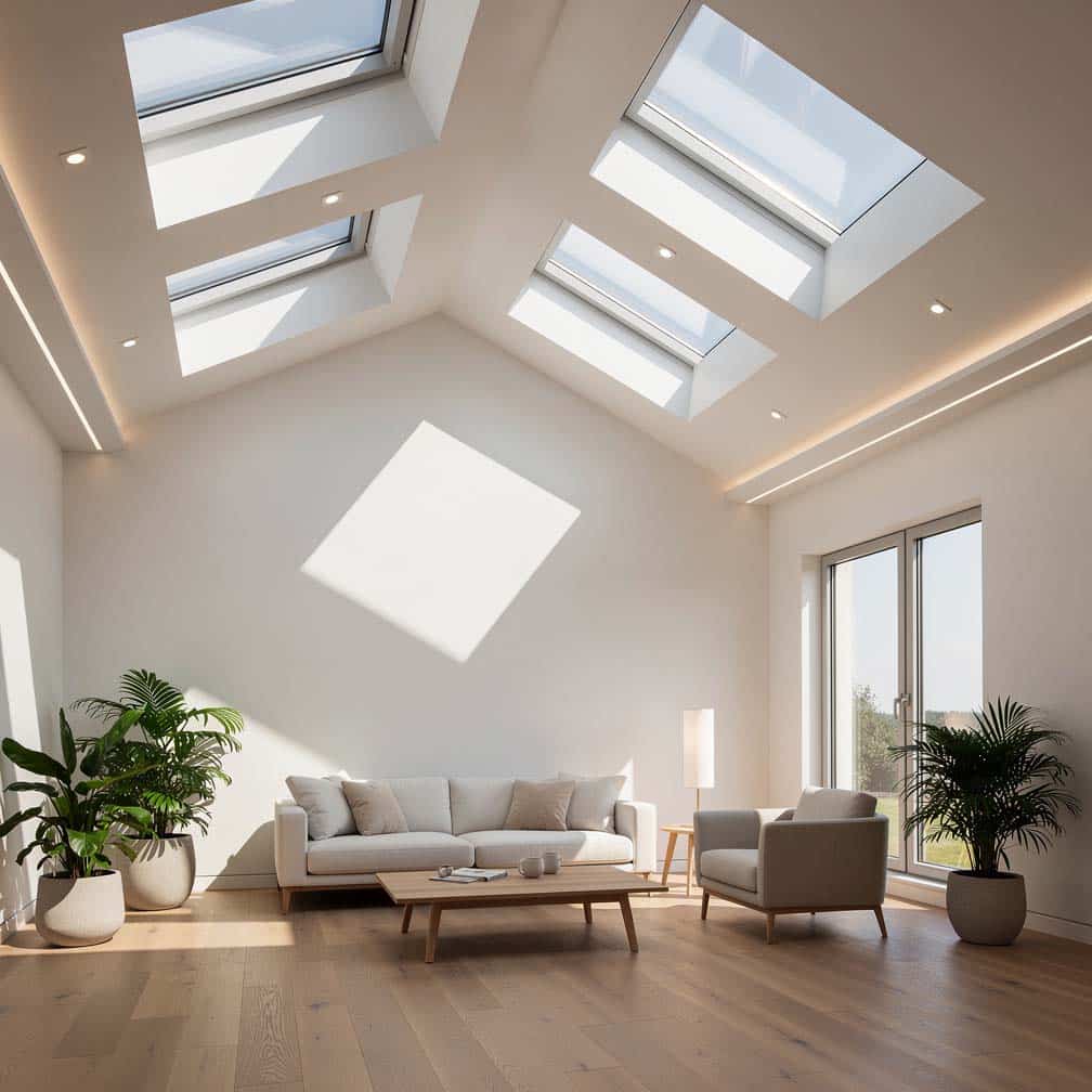 Adding skylights to the ceiling can bring in plenty of natural light to safe on energy bills, improve the ambiance and